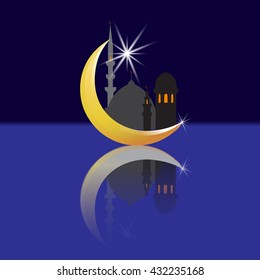 Crescent with a star and its reflection. Oriental City and its reflection. Mosques. Vector illustration