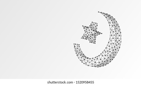 Crescent and star, Sacral symbol of Islam. Muslim religion, Arabic culture, ramadan sign concept. Abstract, digital, wireframe, low poly mesh, vector white origami 3d illustration. Triangle, line, dot