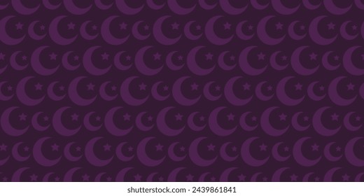 Crescent and star. Seamless vector pattern. Symbol of Islam. Endless ornament for Ramadan. Isolated purple background. Idea for web design.