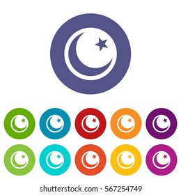 Crescent and star set icons in different colors isolated on white background