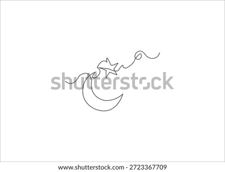 Crescent and Star Single Line Art Design.