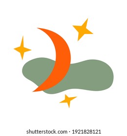 Crescent with stars and cloud. White background. Colorful vector hand drawn isolated boho illustration