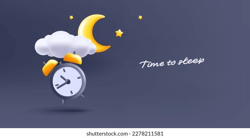 Crescent, stars, clouds, clock symbolizes moon in dark blue sky, 3d render illustration, render 3d style
