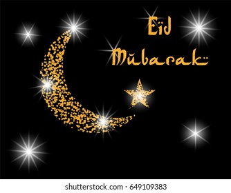 Crescent with the stars. Inscription Eid Mubarak. Postcard in honor of Ramadan. Vector illustration