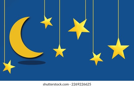 Crescent and stars on a blue background. concept for World Sleep day is observed every year in March, intended to be a celebration of sleep. Vector illustration 
