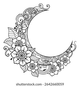 Crescent symbol with flower in mehndi style. Traditional Oriental symbols for decoration of room, greeting cards, prints on clothing, sports equipment, tattoos and henna.