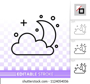 Crescent thin line icon. Outline web sign of cloud. Half Moon linear pictogram with different stroke width. Simple vector symbol, transparent background. Crescent editable stroke icon without fill