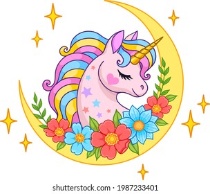 Crescent with unicorn head and flower wreath. Vector illustration isolated