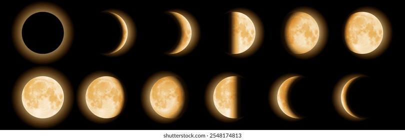 Crescente e lua minguante fases no céu noturno. Quadro de sequência vetorial realista na cor vermelho-dourado mostrando o satélite da lua variando fases desde a nova, diminuindo e encerando, até a lua cheia.