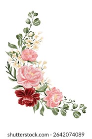 Crescent Watercolor Floral Arrangement: Pink, Burgundy Peonies and Greenery