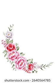 Crescent Watercolor Floral Arrangement: Roses, Peonies, and Greenery
