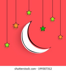 Crescent white moon with shiny hanging stars on bright pink background for holy month of Muslim community Ramadan Kareem. 