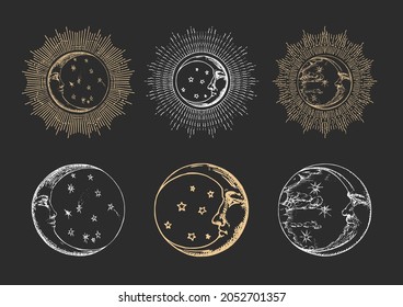 Crescents on black background, retro illustrations in vector. Moons with halo, set of drawings  in engraving style. Vintage pastiche of esoteric and occult sign.