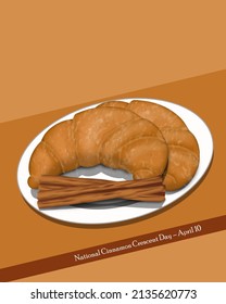 The crescent-shaped dough is filled with sugar, cinnamon, and butter served on white plate, National Cinnamon Crescent Day April 10