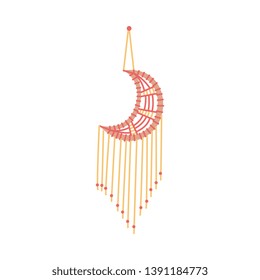 Crescent-shaped macrame decoration flat sketch style, vector illustration isolated on white background. Wall hanging home decor, art product handmade of red and yellow cotton cord