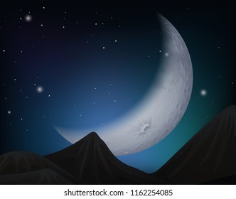 Cresent moon over hills scene illustration