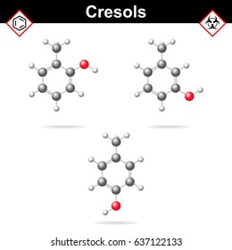 Cresol isomers - ortho, meta and para isomers, molecular formulas, 3d chemical vector illustrations, eps 10