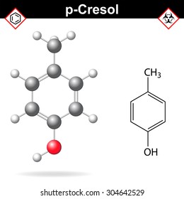 Cresol molecule - structural chemical formula and model of para-cresol, 2d and 3d isolated on white background, vector, eps 8