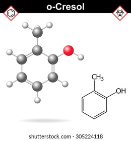 Cresol molecule - structural chemical formula and model of ortho-cresol, 2d and 3d isolated on white background, vector, eps 8