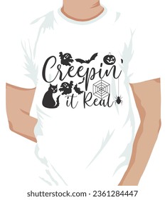 Crespin' it real - Halloween overlays, lettering labels design. Retro badge. Hand drawn isolated emblem with quote. 