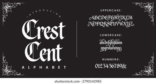 Crest Cent elegant blackletter gothic script alphabet font for medieval luxury branding