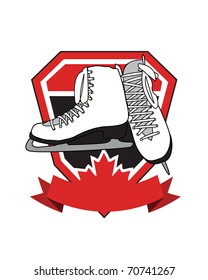 Crest / coat of arms with banner, maple leaf, and ice skates.