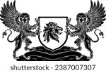 A crest coat of arms family shield seal featuring two griffins or griffons and lion 