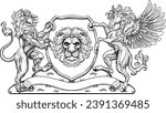 A crest coat of arms family shield seal featuring lions and Pegasus horse with wings