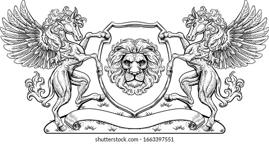 A crest coat of arms family shield seal featuring Pegasus horses with wings and lions 