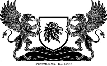 A crest coat of arms family shield seal featuring two griffins or griffons and lion 