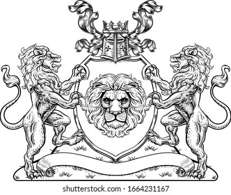 A crest coat of arms family shield seal featuring lions and knights crowned helmet 