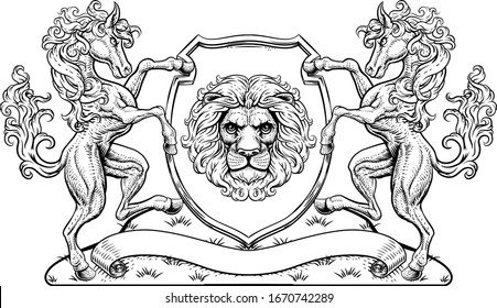 A crest coat of arms family shield seal featuring horses and lion 