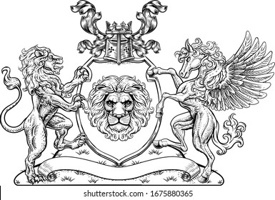 A crest coat of arms family shield seal featuring lions and Pegasus horse with wings