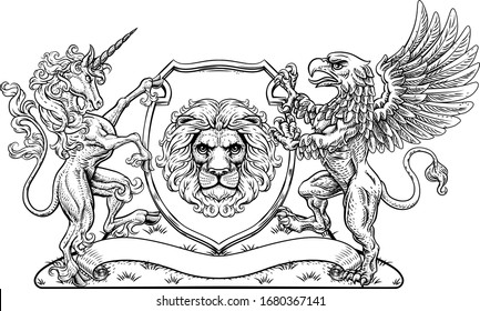 A crest coat of arms family shield seal featuring griffin, unicorn horse with horn and lion 