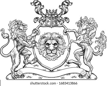 A crest coat of arms family shield seal featuring lions and horse 