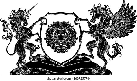 A crest coat of arms family shield seal featuring unicorn, Pegesus winged horse and lion