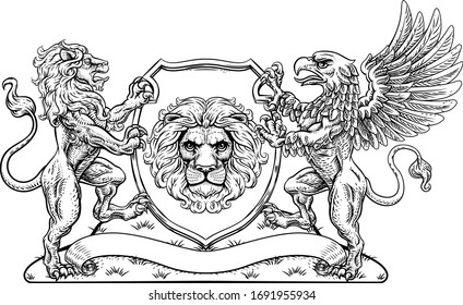 A Crest Coat Of Arms Family Shield Seal Featuring Griffin And Lions