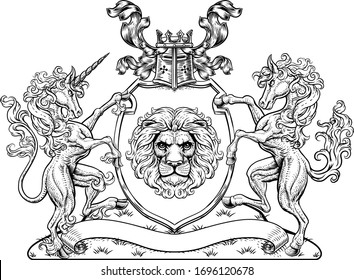 A crest coat of arms family shield seal featuring unicorn, horse and lion