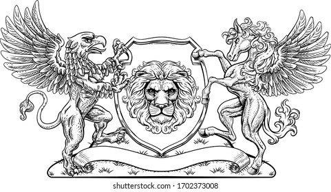 A crest coat of arms family shield seal featuring griffin, Pegasus winged horse and lion 