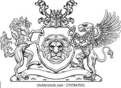 A Crest Coat Of Arms Family Shield Seal Featuring Griffin, Horse And Lion 