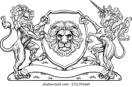 Un escudo de escudo familiar con escudo de escudos de leones y caballo unicornio con cuerno