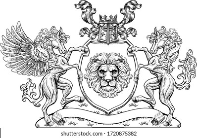 A crest coat of arms family shield seal featuring horse, Pegasus and lions