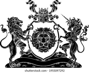 A crest coat of arms family shield seal featuring lions and unicorn horse with horn