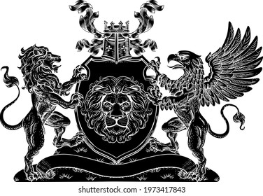 A crest coat of arms family shield seal featuring griffin and lions