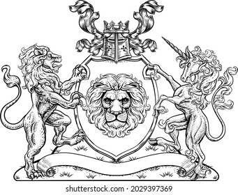 A crest coat of arms family shield seal featuring lions and unicorn horse with horn