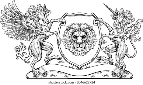 A crest coat of arms family shield seal featuring unicorn, Pegesus winged horse and lion