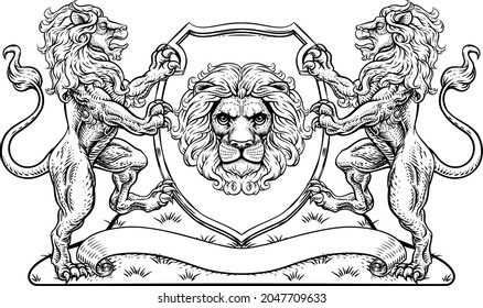 A crest coat of arms family shield seal featuring lions and knights crowned helmet 