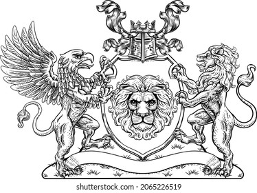 A crest coat of arms family shield seal featuring griffin and lions