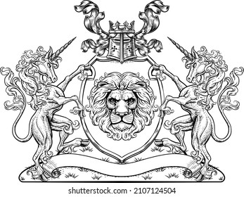 A crest coat of arms family shield seal featuring unicorn horned horses and lion