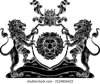 A crest coat of arms family shield seal featuring lions and knights crowned helmet 